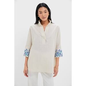 TUCKERNUCK Tan Floral Cuff Cotton Linen Willow Blouse Size L NWT